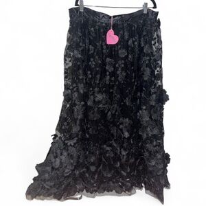 Sugar Thrillz Plus Size 1x Black Sheer Mesh Maxi Skirt with Floral Appliqués